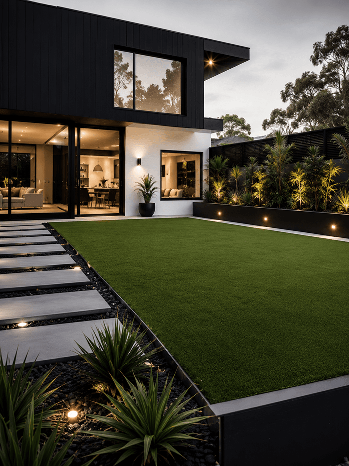 Modern home with synthetic turf